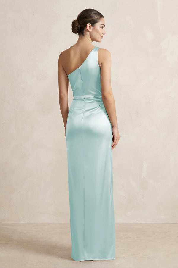 One - Shoulder Ruched Sheath Satin Bridesmaid Dress in Mist - KissProm Bridesmaid Dresses
