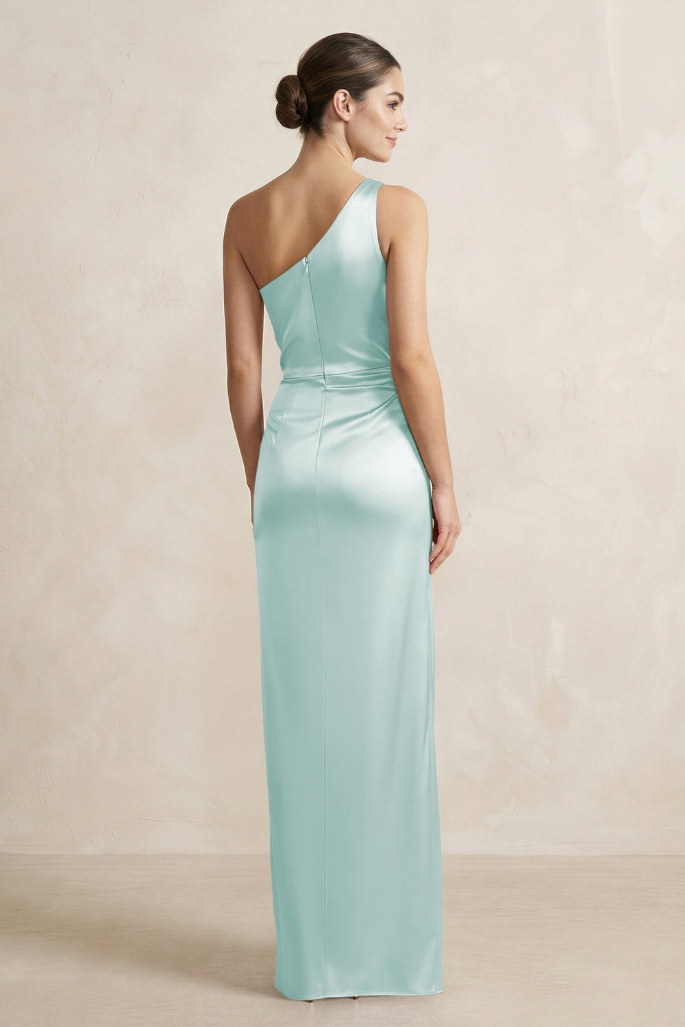 One - Shoulder Ruched Sheath Satin Bridesmaid Dress in Mist - KissProm Bridesmaid Dresses