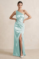 One - Shoulder Ruched Sheath Satin Bridesmaid Dress in Mist - KissProm Bridesmaid Dresses