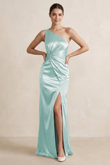 One - Shoulder Ruched Sheath Satin Bridesmaid Dress in Mist - KissProm Bridesmaid Dresses