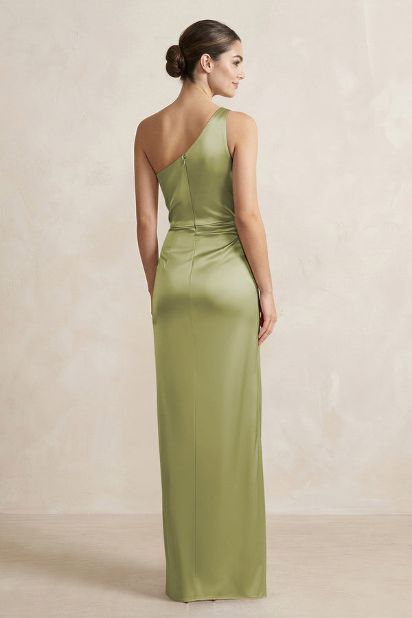 One - Shoulder Ruched Sheath Satin Bridesmaid Dress in Moss Green - KissProm Bridesmaid Dresses