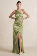 One - Shoulder Ruched Sheath Satin Bridesmaid Dress in Moss Green - KissProm Bridesmaid Dresses