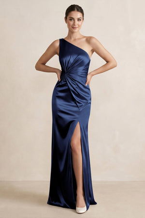 One - Shoulder Ruched Sheath Satin Bridesmaid Dress in Navy - KissProm Bridesmaid Dresses