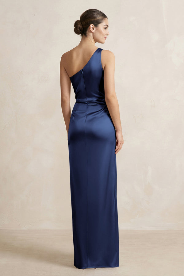 One - Shoulder Ruched Sheath Satin Bridesmaid Dress in Navy - KissProm Bridesmaid Dresses