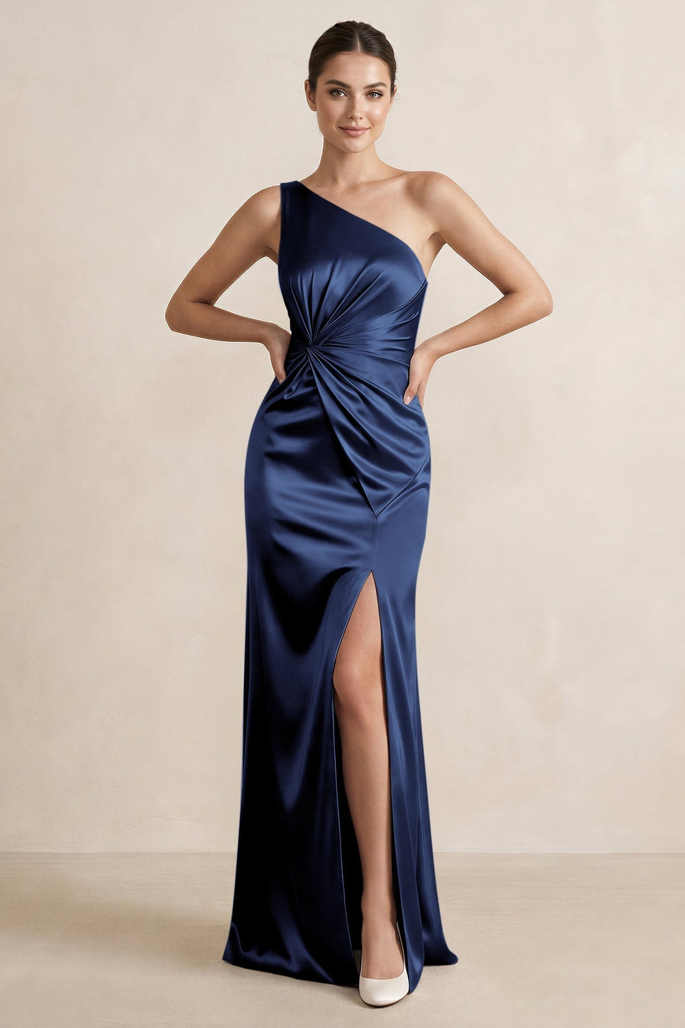 One - Shoulder Ruched Sheath Satin Bridesmaid Dress in Navy - KissProm Bridesmaid Dresses