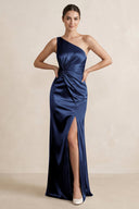 One - Shoulder Ruched Sheath Satin Bridesmaid Dress in Navy - KissProm Bridesmaid Dresses