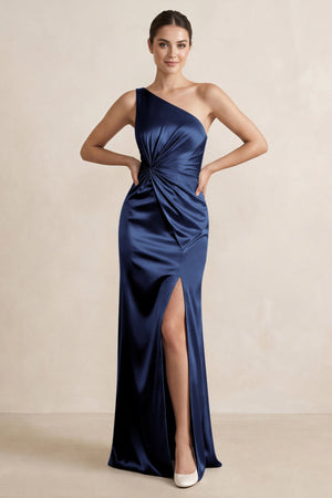 One - Shoulder Ruched Sheath Satin Bridesmaid Dress in Navy - KissProm Bridesmaid Dresses