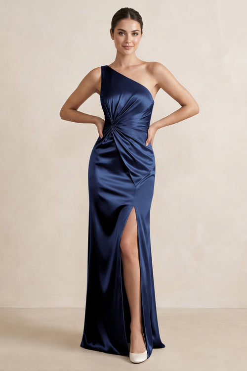 One - Shoulder Ruched Sheath Satin Bridesmaid Dress in Navy - KissProm Bridesmaid Dresses