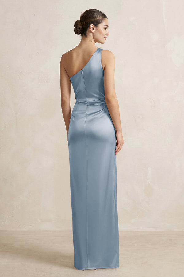 One - Shoulder Ruched Sheath Satin Bridesmaid Dress in Neptune - KissProm Bridesmaid Dresses
