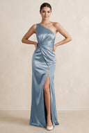 One - Shoulder Ruched Sheath Satin Bridesmaid Dress in Neptune - KissProm Bridesmaid Dresses