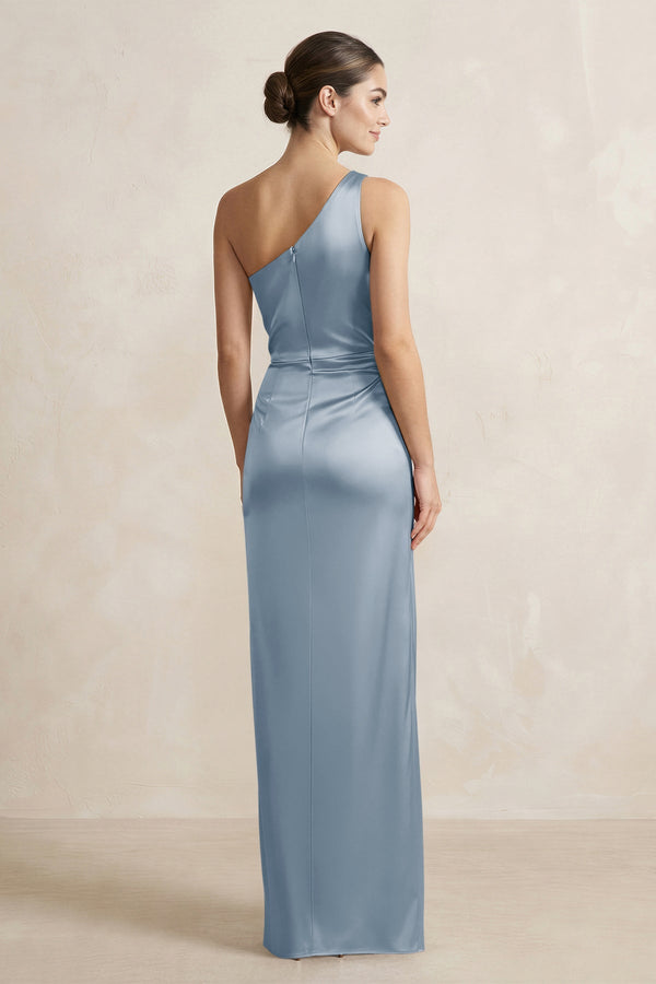 One - Shoulder Ruched Sheath Satin Bridesmaid Dress in Neptune - KissProm Bridesmaid Dresses