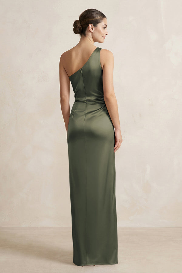 One - Shoulder Ruched Sheath Satin Bridesmaid Dress in Olive - KissProm Bridesmaid Dresses