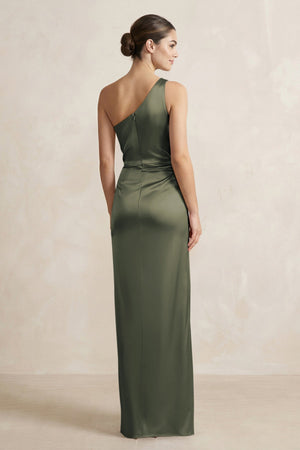 One - Shoulder Ruched Sheath Satin Bridesmaid Dress in Olive - KissProm Bridesmaid Dresses