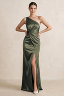 One - Shoulder Ruched Sheath Satin Bridesmaid Dress in Olive - KissProm Bridesmaid Dresses