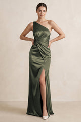 One - Shoulder Ruched Sheath Satin Bridesmaid Dress in Olive - KissProm Bridesmaid Dresses