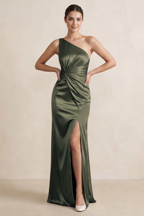 One - Shoulder Ruched Sheath Satin Bridesmaid Dress in Olive - KissProm Bridesmaid Dresses