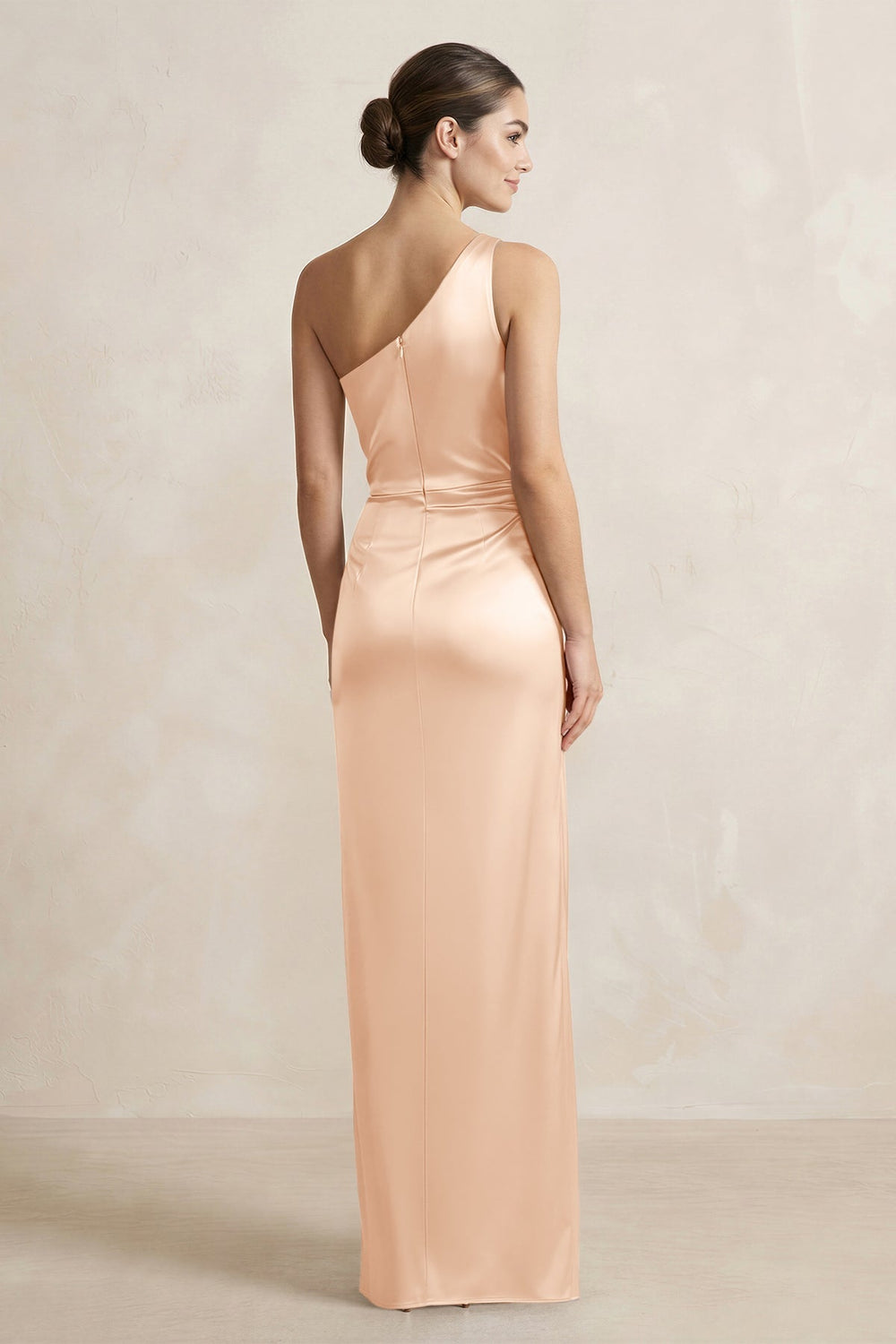 One - Shoulder Ruched Sheath Satin Bridesmaid Dress in Pale Blush - KissProm Bridesmaid Dresses