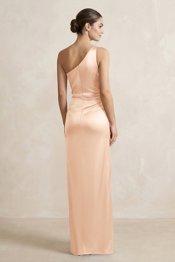 One - Shoulder Ruched Sheath Satin Bridesmaid Dress in Pale Blush - KissProm Bridesmaid Dresses
