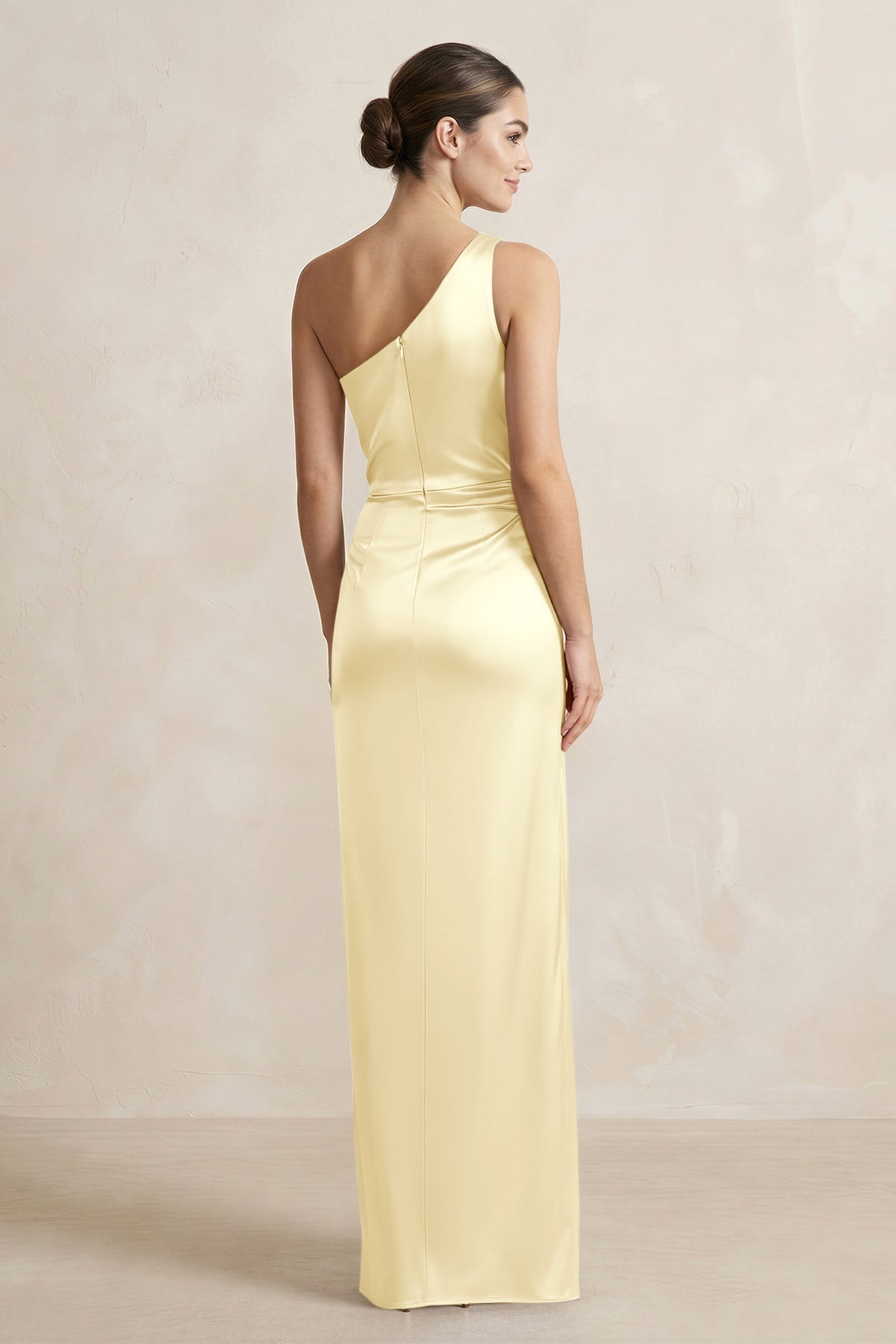 KissProm One-Shoulder Ruched Sheath Satin Bridesmaid Dress in Pastel Yellow, Pastel Yellow / 10