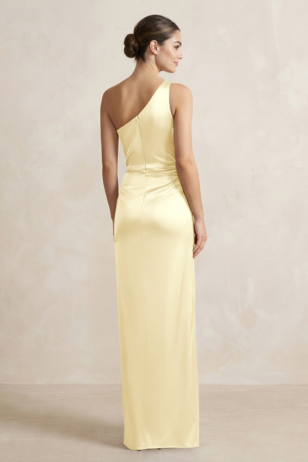 One - Shoulder Ruched Sheath Satin Bridesmaid Dress in Pastel Yellow - KissProm Bridesmaid Dresses