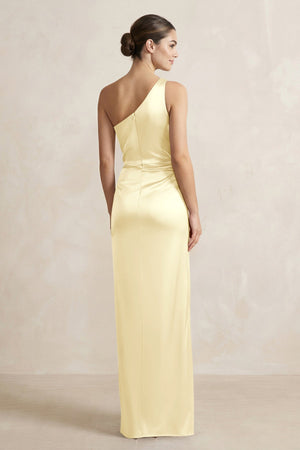 One - Shoulder Ruched Sheath Satin Bridesmaid Dress in Pastel Yellow - KissProm Bridesmaid Dresses