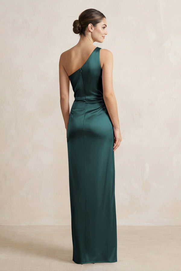One-Shoulder Ruched Sheath Satin Bridesmaid Dress in Pine - KissProm Bridesmaid Dresses