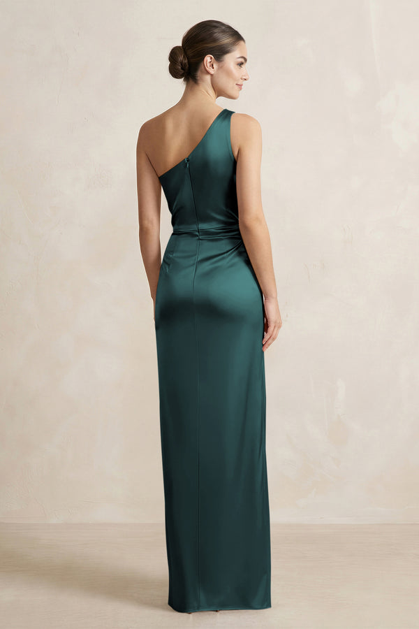 One-Shoulder Ruched Sheath Satin Bridesmaid Dress in Pine - KissProm Bridesmaid Dresses