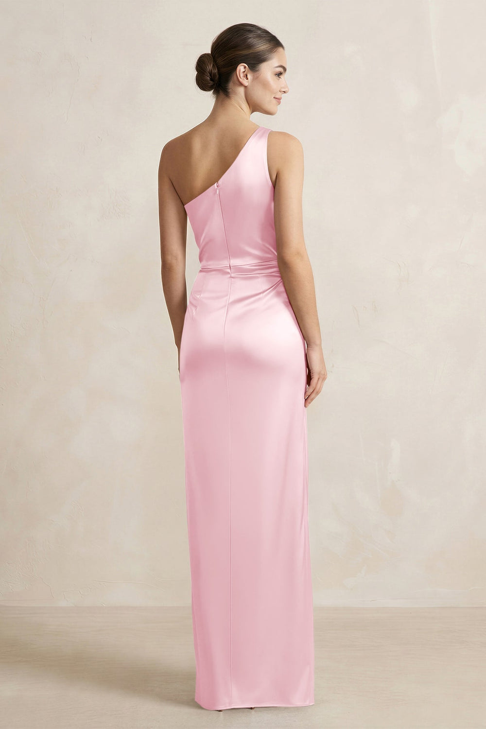 One - Shoulder Ruched Sheath Satin Bridesmaid Dress in Pink - KissProm Bridesmaid Dresses