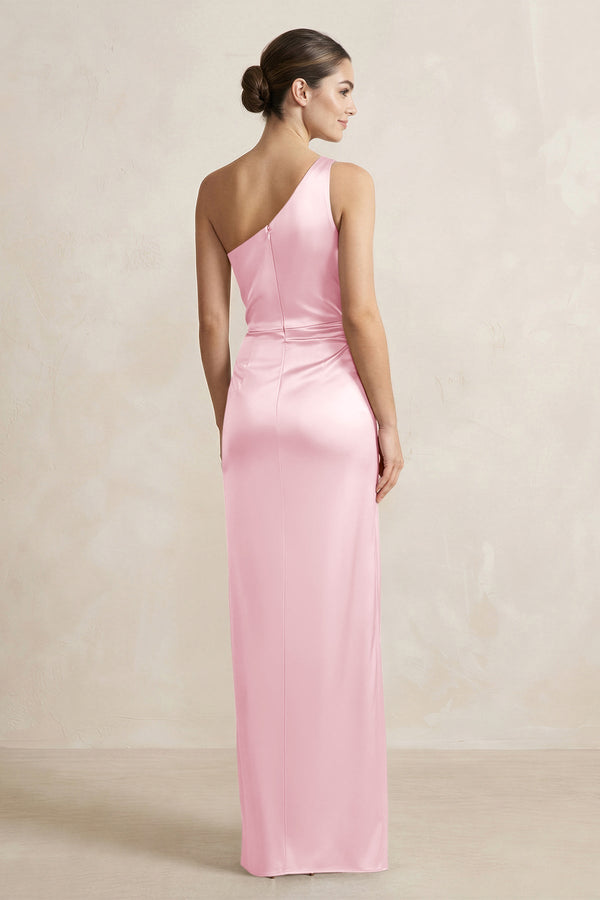 One - Shoulder Ruched Sheath Satin Bridesmaid Dress in Pink - KissProm Bridesmaid Dresses