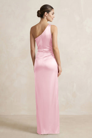 One - Shoulder Ruched Sheath Satin Bridesmaid Dress in Pink - KissProm Bridesmaid Dresses