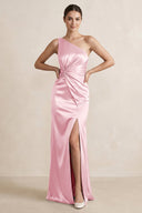 One - Shoulder Ruched Sheath Satin Bridesmaid Dress in Pink - KissProm Bridesmaid Dresses