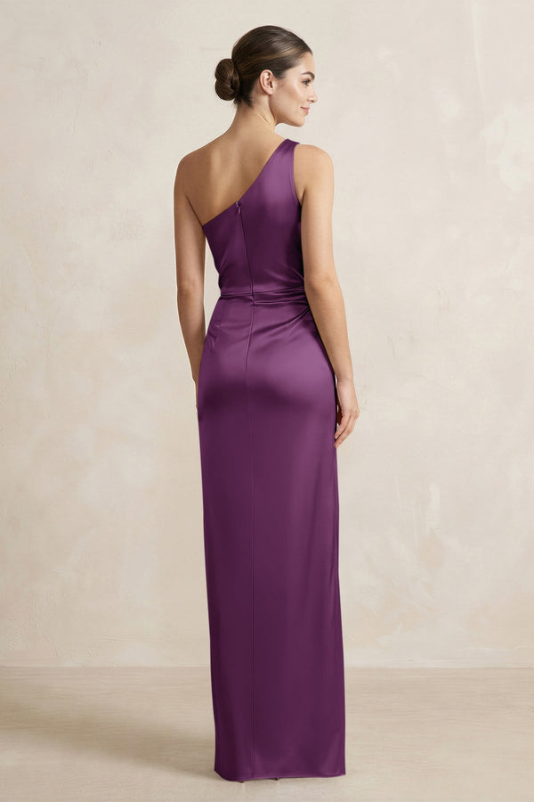 One - Shoulder Ruched Sheath Satin Bridesmaid Dress in Plum - KissProm Bridesmaid Dresses