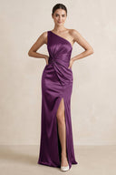 One - Shoulder Ruched Sheath Satin Bridesmaid Dress in Plum - KissProm Bridesmaid Dresses