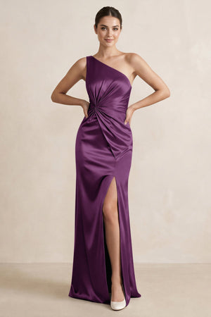 One - Shoulder Ruched Sheath Satin Bridesmaid Dress in Plum - KissProm Bridesmaid Dresses