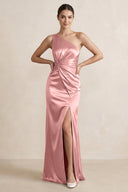 One - Shoulder Ruched Sheath Satin Bridesmaid Dress in Rosette - KissProm Bridesmaid Dresses