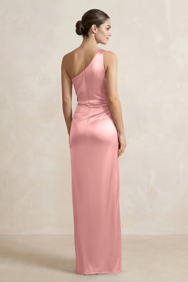 One - Shoulder Ruched Sheath Satin Bridesmaid Dress in Rosette - KissProm Bridesmaid Dresses