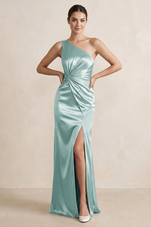 One - Shoulder Ruched Sheath Satin Bridesmaid Dress in Sage - KissProm Bridesmaid Dresses