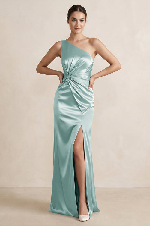 One - Shoulder Ruched Sheath Satin Bridesmaid Dress in Sage - KissProm Bridesmaid Dresses