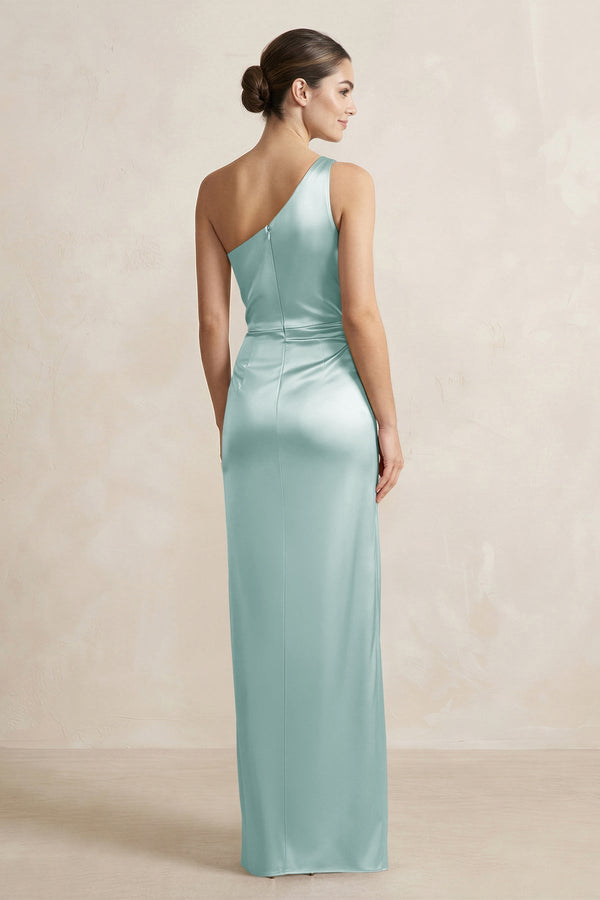 One - Shoulder Ruched Sheath Satin Bridesmaid Dress in Sage - KissProm Bridesmaid Dresses