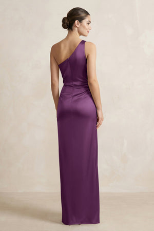 One - Shoulder Ruched Sheath Satin Bridesmaid Dress in Sangria - KissProm Bridesmaid Dresses