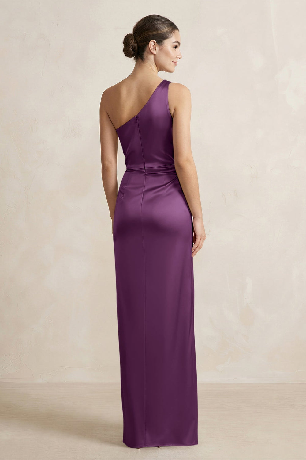 One - Shoulder Ruched Sheath Satin Bridesmaid Dress in Sangria - KissProm Bridesmaid Dresses
