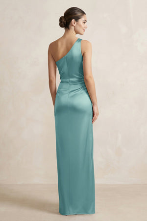 One - Shoulder Ruched Sheath Satin Bridesmaid Dress in Sea Glass - KissProm Bridesmaid Dresses