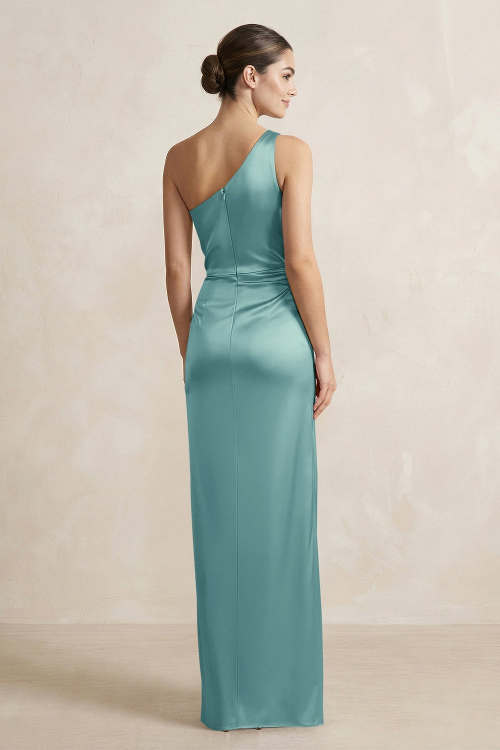 One - Shoulder Ruched Sheath Satin Bridesmaid Dress in Sea Glass - KissProm Bridesmaid Dresses