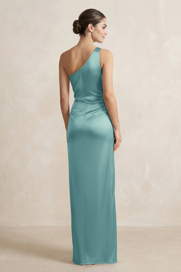One - Shoulder Ruched Sheath Satin Bridesmaid Dress in Sea Glass - KissProm Bridesmaid Dresses