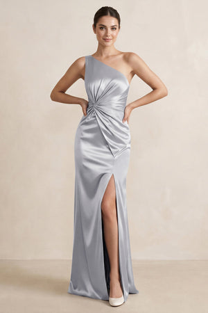One - Shoulder Ruched Sheath Satin Bridesmaid Dress in Silver - KissProm Bridesmaid Dresses