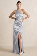 One - Shoulder Ruched Sheath Satin Bridesmaid Dress in Silver - KissProm Bridesmaid Dresses