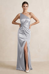One - Shoulder Ruched Sheath Satin Bridesmaid Dress in Silver - KissProm Bridesmaid Dresses