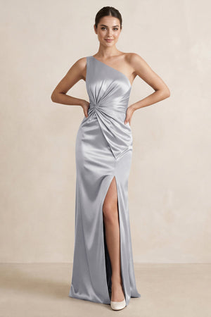 One - Shoulder Ruched Sheath Satin Bridesmaid Dress in Silver - KissProm Bridesmaid Dresses