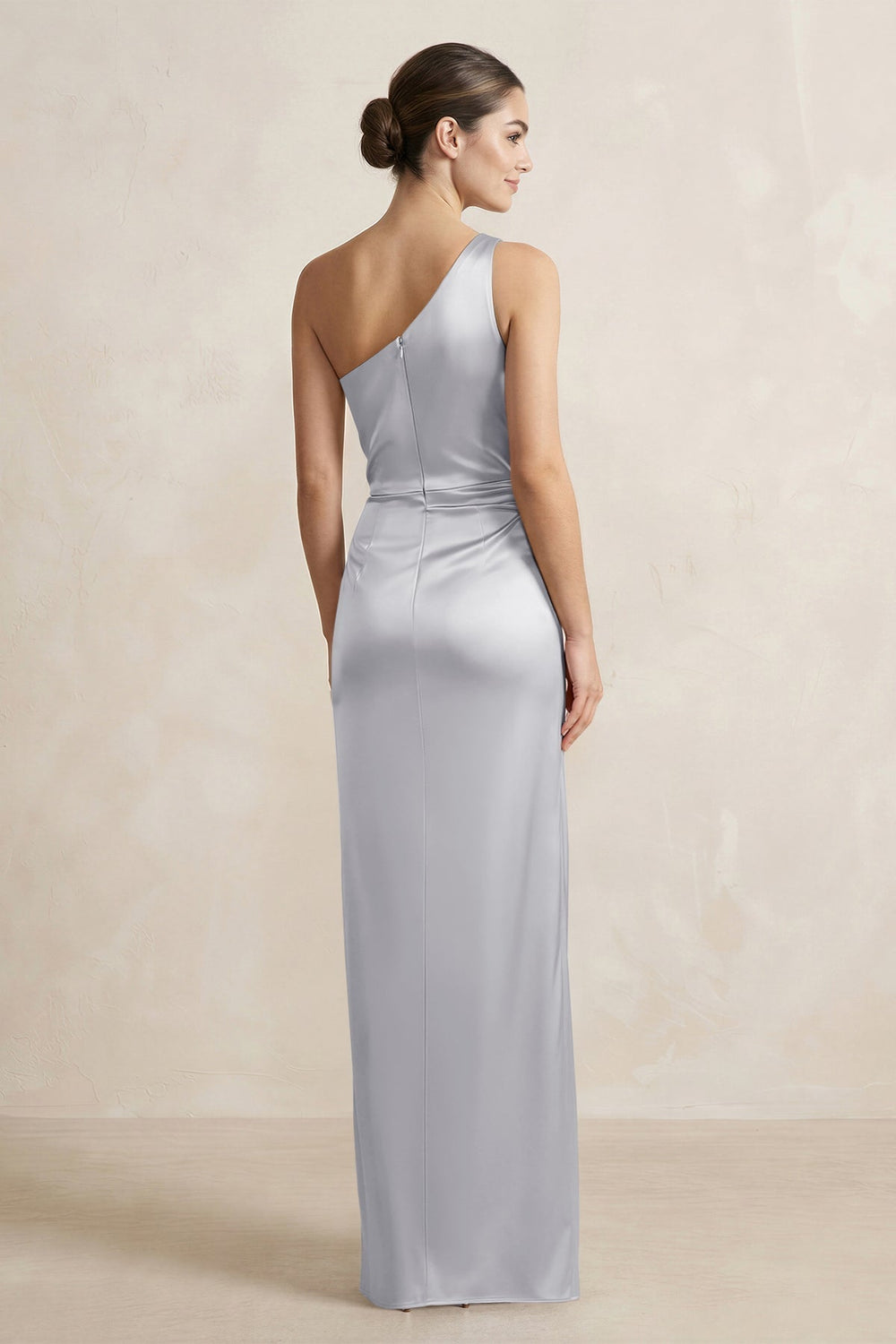 One - Shoulder Ruched Sheath Satin Bridesmaid Dress in Silver - KissProm Bridesmaid Dresses