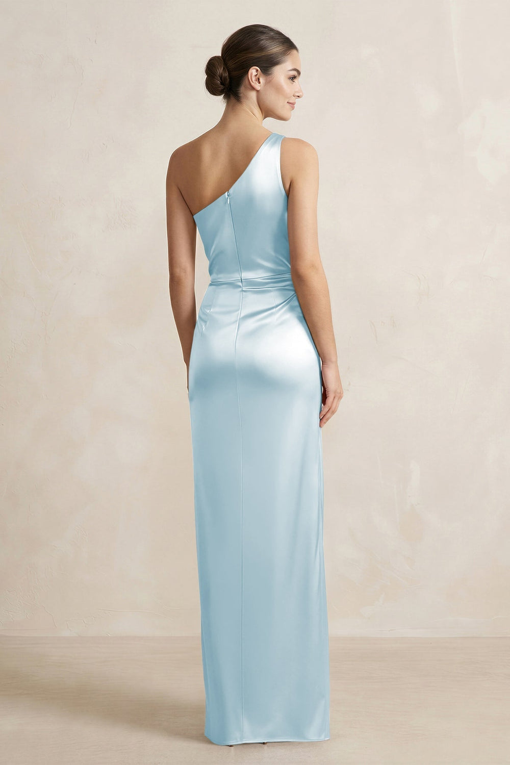 One - Shoulder Ruched Sheath Satin Bridesmaid Dress in Sky Blue - KissProm Bridesmaid Dresses